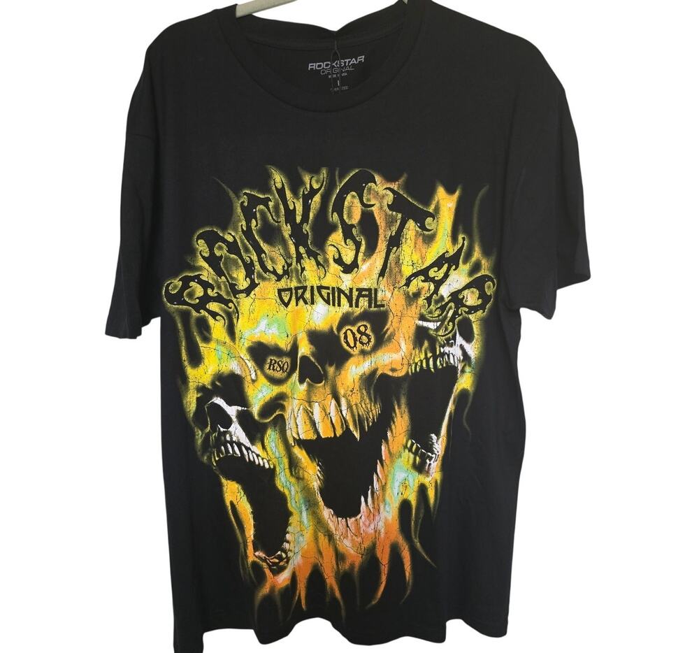Rockstar Original Mens L Large Oversized Black Skull Flame T-Shirt NWT NEW